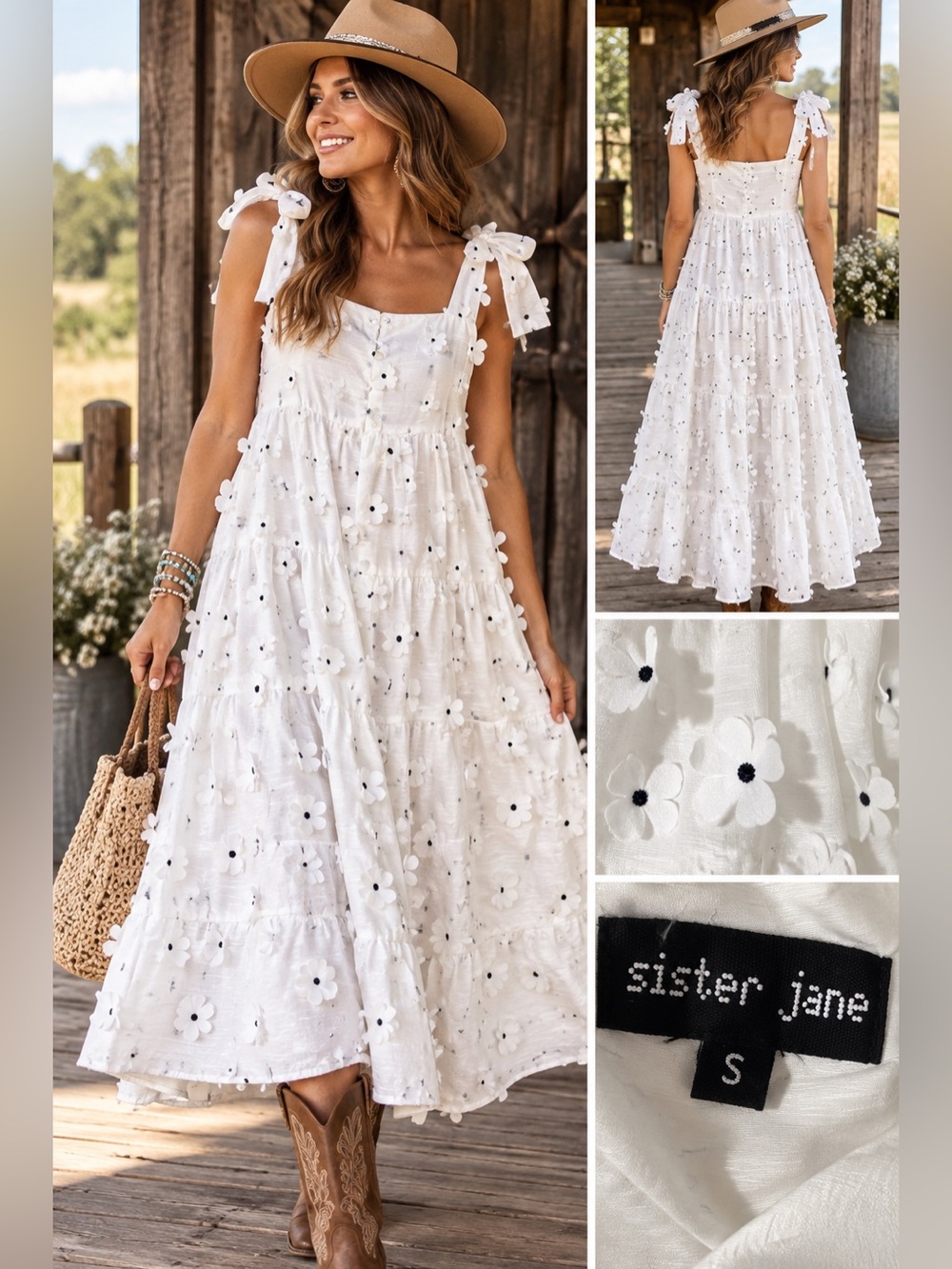 Sister Jane White 3D Floral Appliqué Tiered Maxi Dress S